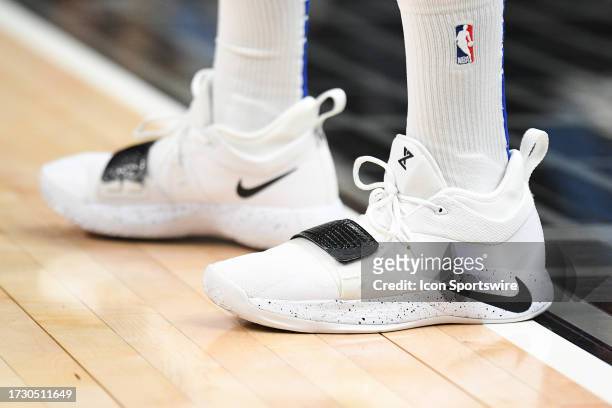 Los Angeles Clippers Guard Paul George Nike sneakers during a NBA exhibition game between the Denver Nuggets and the Los Angeles Clippers on October...