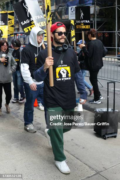 Dylan O'Brien is seen on the SAG-AFTRA picket line outside the HBO Max building on October 17, 2023 in New York City.