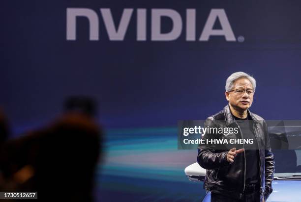 Jensen Huang, co-founder and chief executive officer of Nvidia Corp., speaks during the Hon Hai Tech Day in Taipei on October 18, 2023.