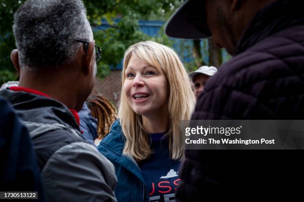 Leesburg, Virginia Virginia State Senate Candidate Russet Perry speaks to election volunteers at a campaign launch event on Sunday, October 8, 2023...