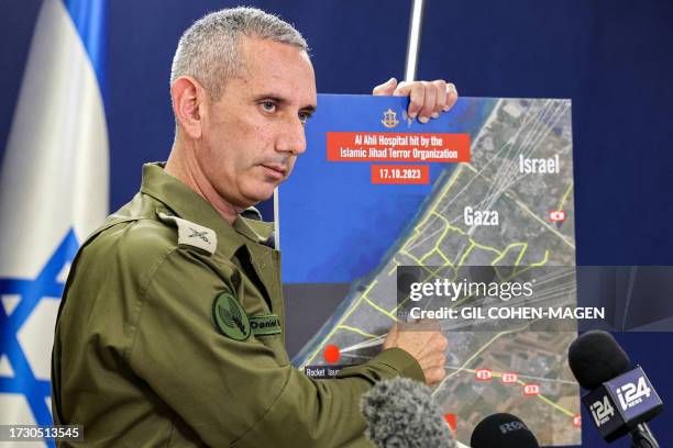 Israeli army spokesman Rear Admiral Daniel Hagari speaks to the press from The Kirya, which houses the Israeli Ministry of Defence, in Tel Aviv on...