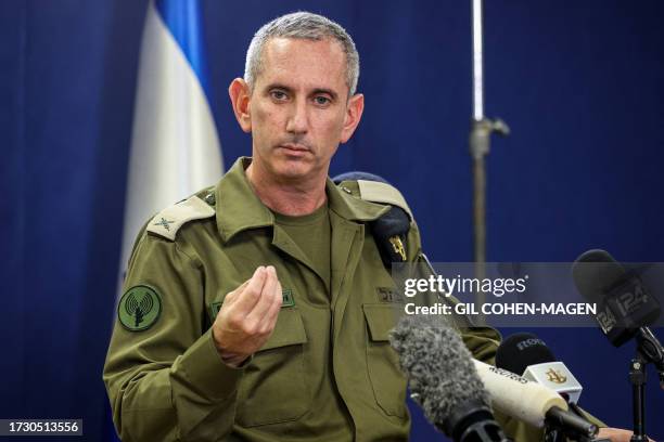 Israeli army spokesman Rear Admiral Daniel Hagari speaks to the press from The Kirya, which houses the Israeli Ministry of Defence, in Tel Aviv on...