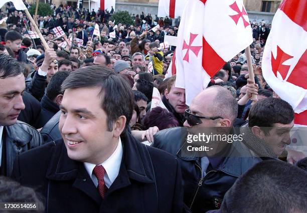 Georgian President Mikhail Saakashvili passes by people before the sworn in ceremony in Tbilisi, 25 January, 2004. Mikhail Saakashvili was sworn in...