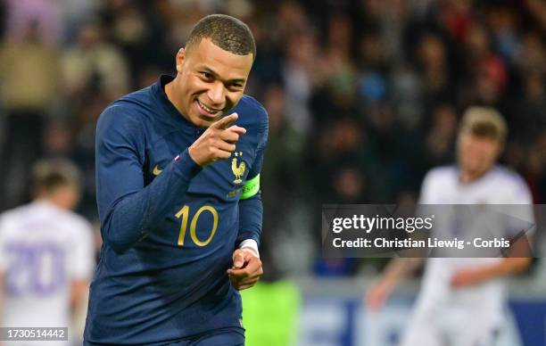 Kylian Mbappe of Team France celebrates his first goal during the friendly game between France and Scotland at Decathlon Arena on October 17, 2023 in...