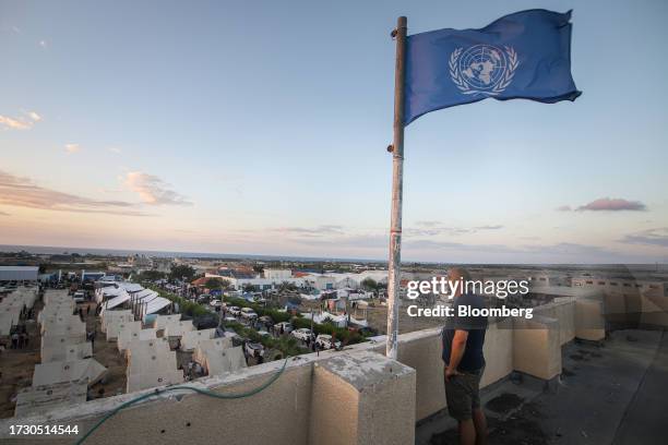 United Nations flag flies at a camp, operated by the United Nations Relief and Works Agency , for displaced Palestinians in western Khan Younis,...