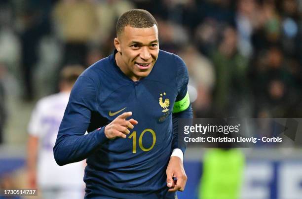 Kylian Mbappe of Team France celebrates his first goal during the friendly game between France and Scotland at Decathlon Arena on October 17, 2023 in...