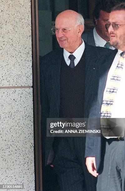 Former apartheid-era State President P W Botha leaves the Magistrate's Court in George 01 June, the first day of the re-start of his trial. Botha,...