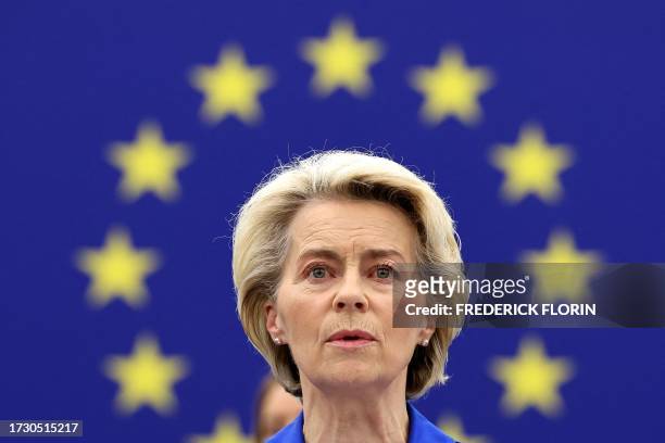 European Commission President Ursula von der Leyen speaks during a debate on the attacks by Hamas against Israel and the humanitarian situation in...