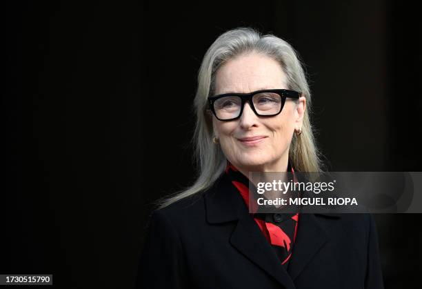 Actress Meryl Streep greets fans in front of her hotel in Oviedo on October 18, 2022 ahead of the 2023 Princess of Asturias award ceremony. Meryl...