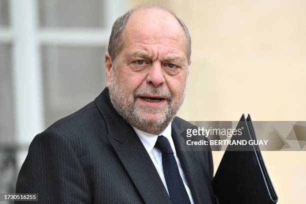 French Justice Minister Eric Dupond-Moretti leaves the Elysee palace at the end of the weekly cabinet meeting in Paris on October 18, 2023.