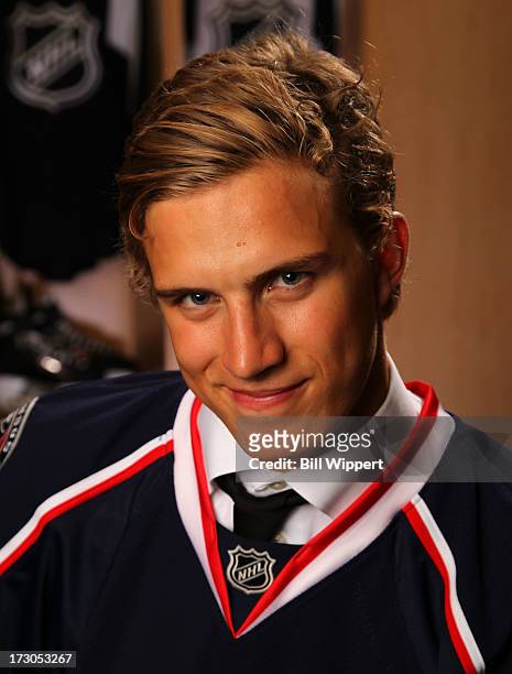 Alexander Wennberg, 14th pick overall by the Columbus Blue Jackets, poses for a portrait during the 2013 NHL Draft at Prudential Center on June 30,...