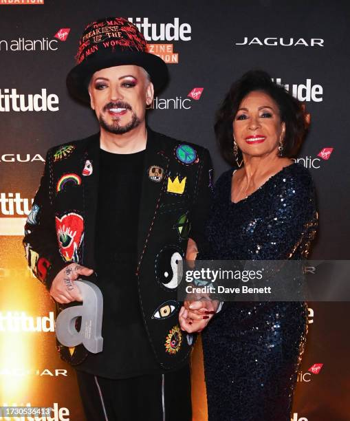 Boy George and Dame Shirley Bassey pose in the Winners Room at The Virgin Atlantic Attitude Awards 2023 at The Roundhouse on October 11, 2023 in...