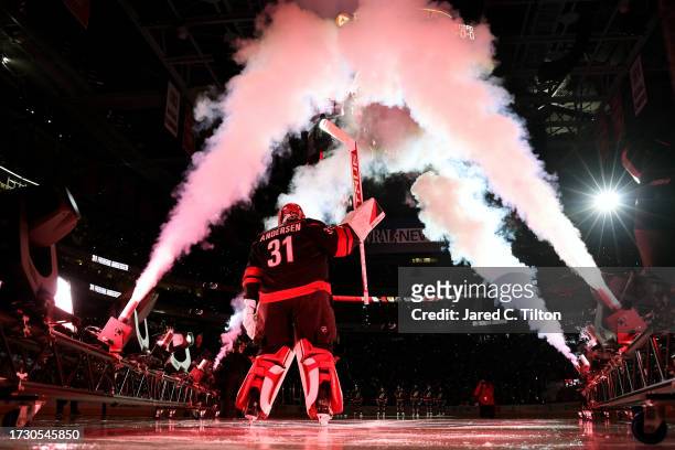 Frederik Andersen of the Carolina Hurricanes is introduced prior to their game against the Ottawa Senators at PNC Arena on October 11, 2023 in...