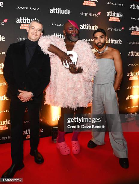 Russell Tovey, Le Gateau Chocolat aka George Ikediashi and Mawaan Rizwan pose in the Winners Room at The Virgin Atlantic Attitude Awards 2023 at The...