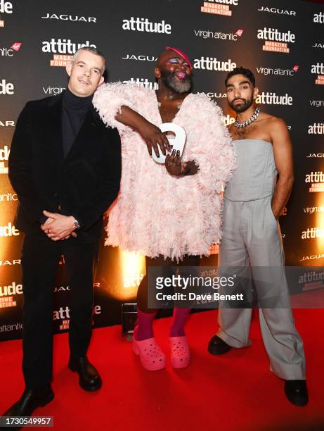 Russell Tovey, Le Gateau Chocolat aka George Ikediashi and Mawaan Rizwan pose in the Winners Room at The Virgin Atlantic Attitude Awards 2023 at The...