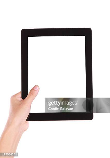 hand holding blank screen digital tablet on white background - ipad vertical stock pictures, royalty-free photos & images