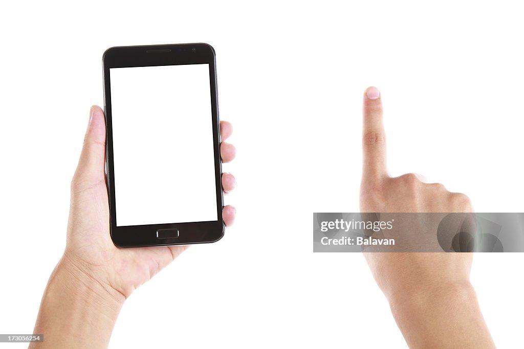 手に空白の画面を持つスマートフォンを白背景