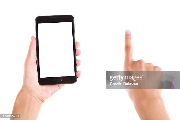 hand holding blank screen smart phone on white background - sliding stock pictures, royalty-free photos & images