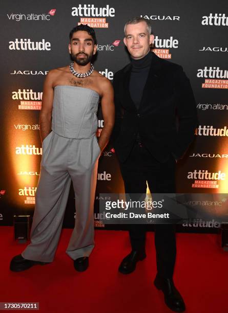 Mawaan Rizwan and Russell Tovey pose in the Winners Room at The Virgin Atlantic Attitude Awards 2023 at The Roundhouse on October 11, 2023 in London,...