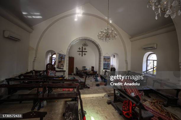 An interior view of St Philip's Chapel of the Al-Ahli Arabi Baptist Hospital after it was hit in Gaza City, Gaza on October 18, 2023. Over 500 people...