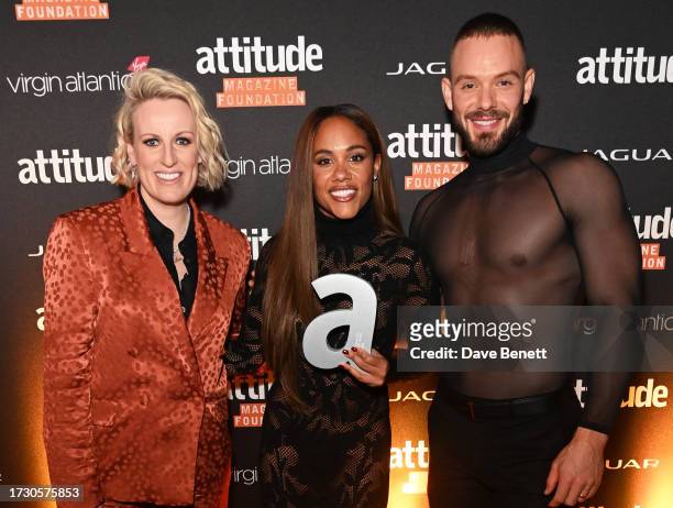 Steph McGovern, Alex Scott and John Whaite pose in the Winners Room at The Virgin Atlantic Attitude Awards 2023 at The Roundhouse on October 11, 2023...