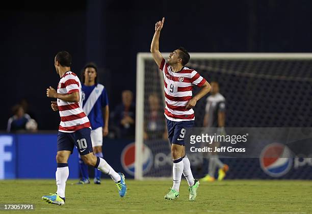 Herculez Gomez of the USA celebrates after scoring a goal against Guatemala in the first half at Qualcomm Stadium on July 5, 2013 in San Diego,...