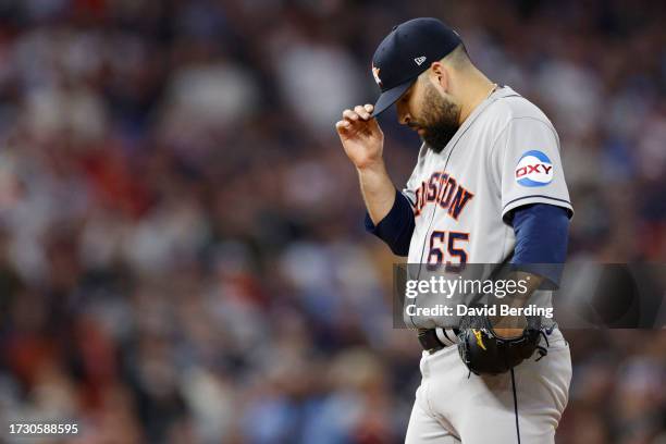 Jose Urquidy of the Houston Astros looks on during the fifth inning against the Minnesota Twins in Game Four of the Division Series at Target Field...