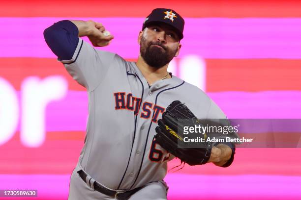 Jose Urquidy of the Houston Astros pitches against the Minnesota Twins during the fifth inning in Game Four of the Division Series at Target Field on...