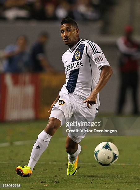 Sean Franklin of the Los Angeles Galaxy paces the ball on the attack against the Columbus Crew in the second half of their MLS match at StubHub...