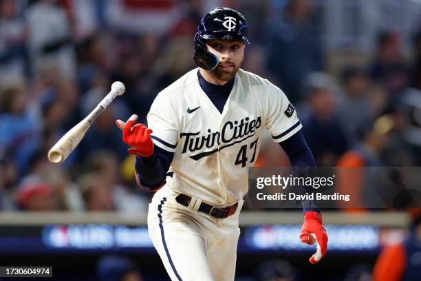 Edouard Julien of the Minnesota Twins celebrates after his solo home run against the Houston Astros during the sixth inning in Game Four of the...