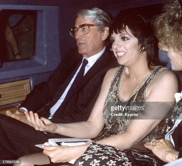 American actor Gregory Peck , with actress and singer Liza Minnelli and his wife Veronique Peck at 'A Star is Born' Specially Restored 29th...