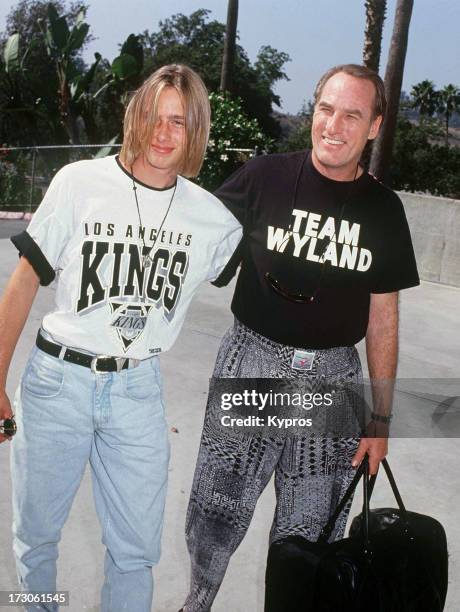 Actor Craig T. Nelson and his son Noah Nelson during the 1992 Hollywood All-Stars Baseball Game at the Dodgers Stadium in Los Angeles, California,...