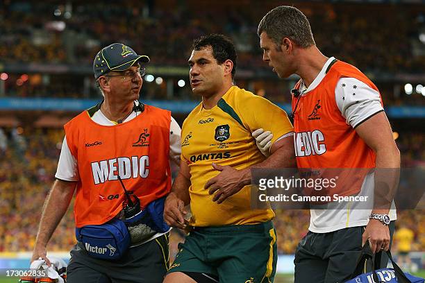 George Smith of the Wallabies is injured during the International Test match between the Australian Wallabies and British & Irish Lions at ANZ...