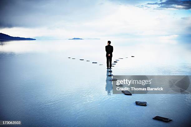 businessman at fork of stone pathway in water - expectativas fotografías e imágenes de stock