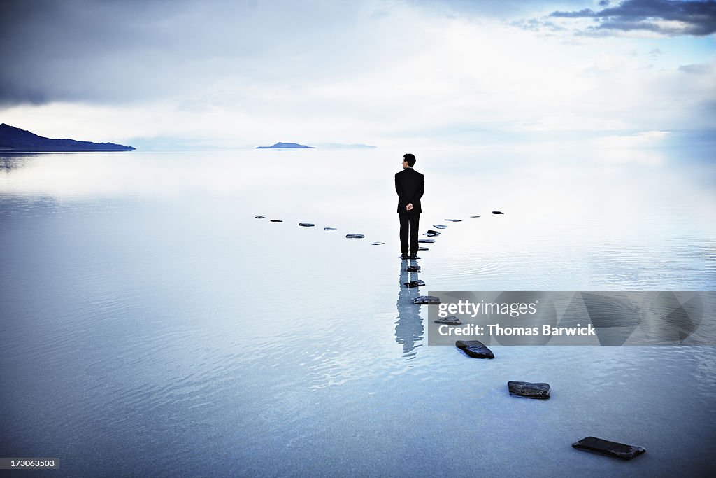 Businessman at fork of stone pathway in water