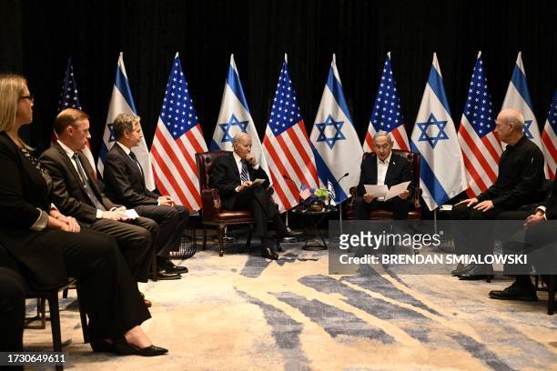 National Security Advisor Jake Sullivan , US Secretary of State Antony Blinken and US President Joe Biden listen to Israel's Prime Minister Benjamin...