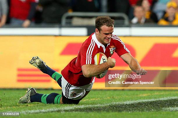 Jamie Roberts of the Lions scores a try during the International Test match between the Australian Wallabies and British & Irish Lions at ANZ Stadium...