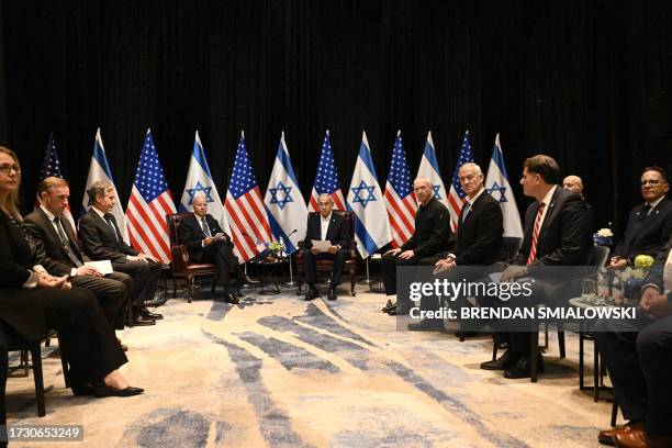 National Security Advisor Jake Sullivan , US Secretary of State Antony Blinken and US President Joe Biden listen to Israel's Prime Minister Benjamin...