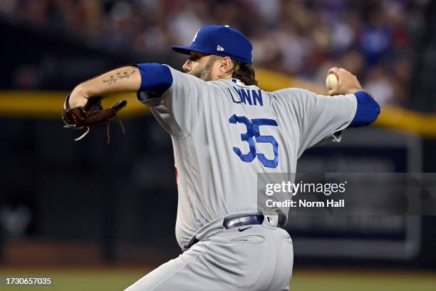 Lance Lynn of the Los Angeles Dodgers pitches in the first inning against the Arizona Diamondbacks during Game Three of the Division Series at Chase...