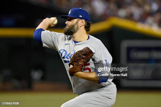 Lance Lynn of the Los Angeles Dodgers pitches in the first inning against the Arizona Diamondbacks during Game Three of the Division Series at Chase...