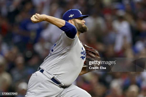 Lance Lynn of the Los Angeles Dodgers pitches in the first inning against the Arizona Diamondbacks during Game Three of the Division Series at Chase...