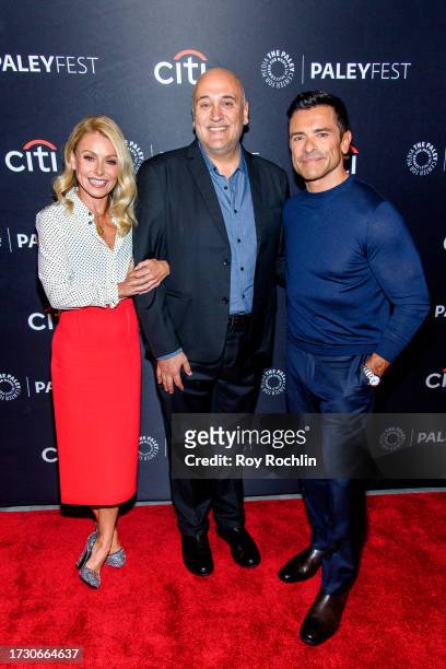 Kelly Ripa, Albert Bianchini and Mark Consuelos attend "Live with Kelly and Mark" at PaleyFest NY 2023 at The Paley Museum on October 11, 2023 in New...
