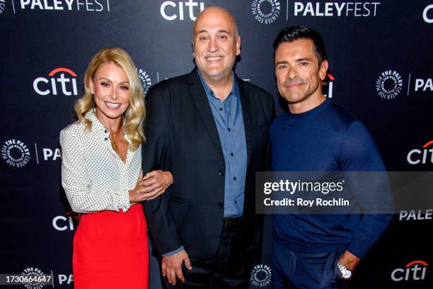 Kelly Ripa, Albert Bianchini and Mark Consuelos attend "Live with Kelly and Mark" at PaleyFest NY 2023 at The Paley Museum on October 11, 2023 in New...