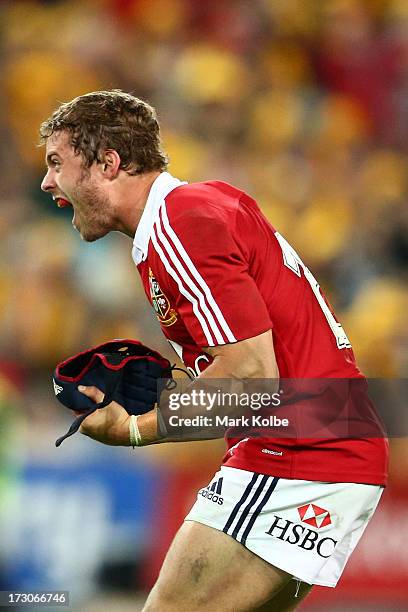 Leigh Halfpenny of the Lions celebrates winning the International Test match between the Australian Wallabies and British & Irish Lions at ANZ...