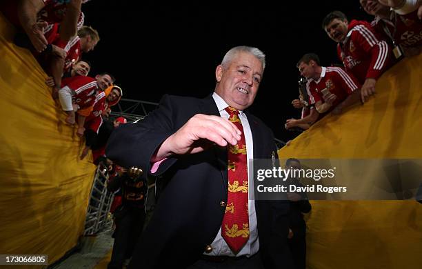 Warren Gatland, the Lions head coach walks down the tunnel after his teams victory during the International Test match between the Australian...