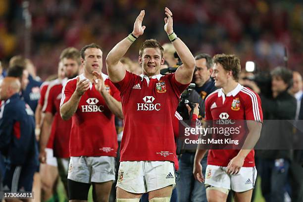 Dan Lydiate of the Lions celebrates following victory in the International Test match between the Australian Wallabies and British & Irish Lions at...