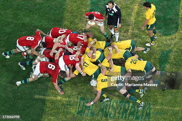 The scrum packs down during the International Test match between the Australian Wallabies and British & Irish Lions at ANZ Stadium on July 6, 2013 in...