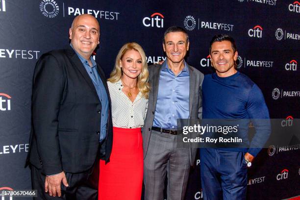 Albert Bianchini, Kelly Ripa, Michael Gelman and Mark Consuelos attend "Live with Kelly and Mark" at PaleyFest NY 2023 at The Paley Museum on October...