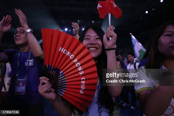 Performers, athletes and volunteers dance and celebrate at a concert during the closing ceremony of the 4th Asian Indoor & Martial Arts Games at...
