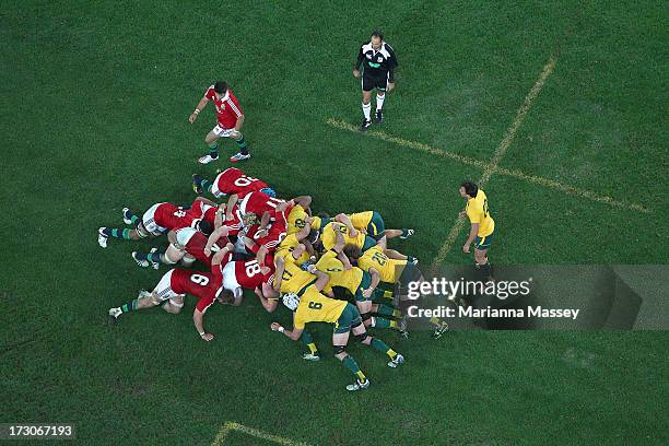 The scrum packs down during the International Test match between the Australian Wallabies and British & Irish Lions at ANZ Stadium on July 6, 2013 in...